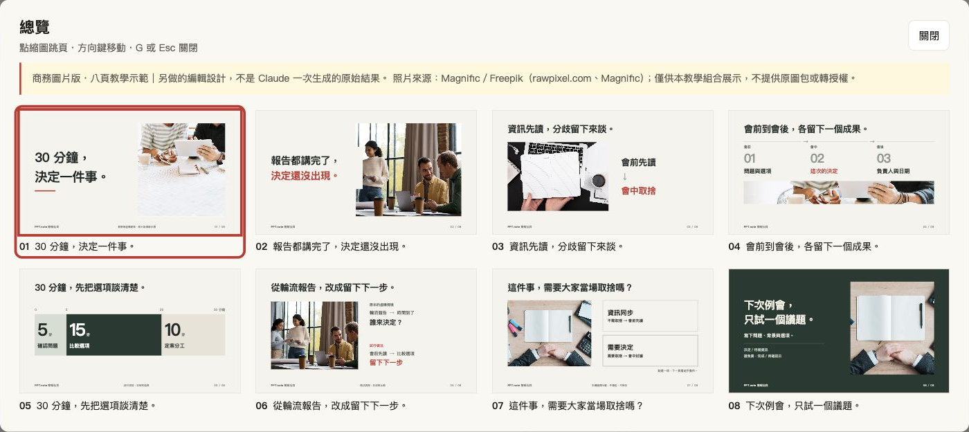 商務圖片版真實 G 總覽,包含八頁縮圖。