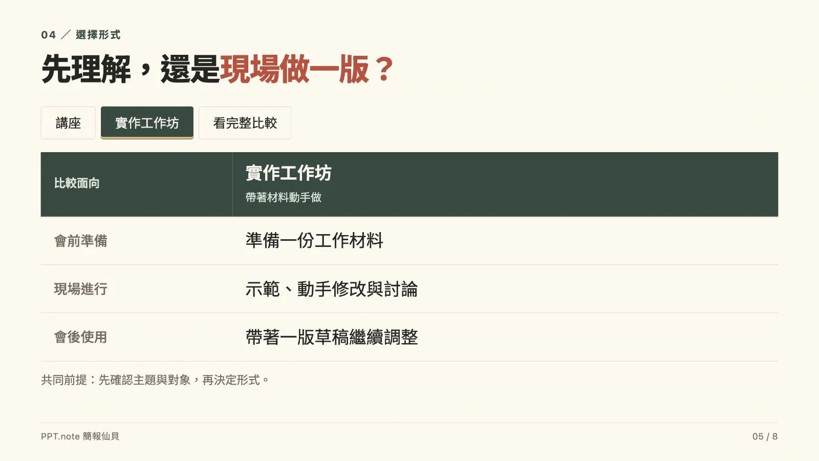 實作工作坊：集中看一個安排